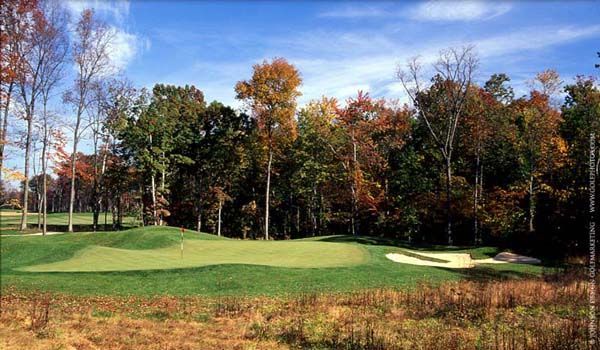 Golf course green with surrounding trees in autumn colors.