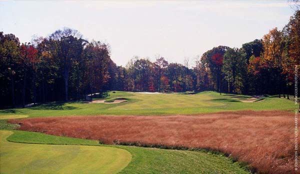 Golf course fairway with trees, autumn foliage, and grassy rough.