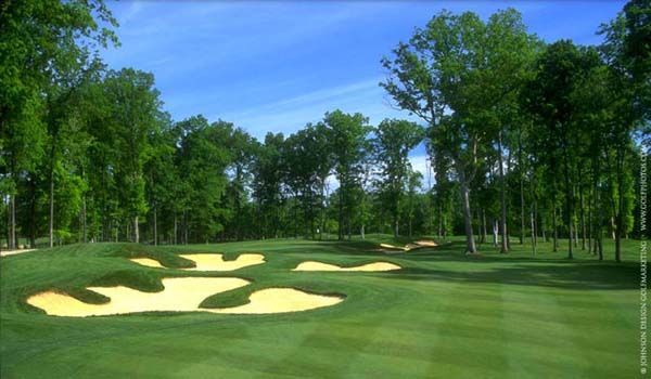 Green golf course with sand traps and trees under a blue sky.