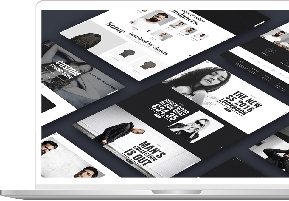 Laptop displaying multiple website layouts with grayscale photos and text.