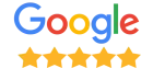 Google logo with five gold stars, indicating a five-star rating.