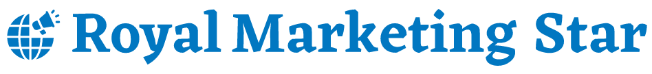 Royal Marketing Star logo, blue text, globe with stars icon.