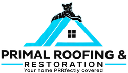Primal Roofing & Restoration logo with blue roof and black cat above text, &ldquo;Your home protected&rdquo; tagline