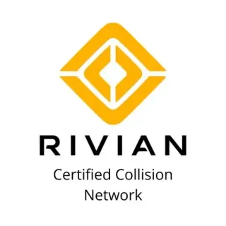 Rivian Certified Collision Network logo with yellow emblem and black text on white background