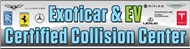 Exoticar & EV Certified Collision Center banner with blue text and car logos