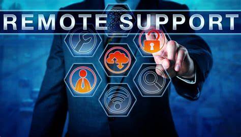 A man in a suit is pressing a button on a screen that says `` remote support ''.