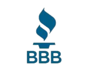 Blue logo of the Better Business Bureau featuring a stylized torch above the letters BBB.