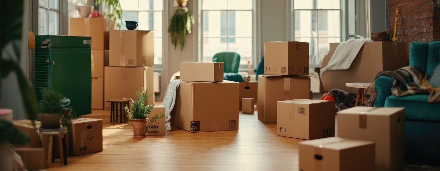 Sunlit room filled with moving boxes and packed furniture, suggesting a household move