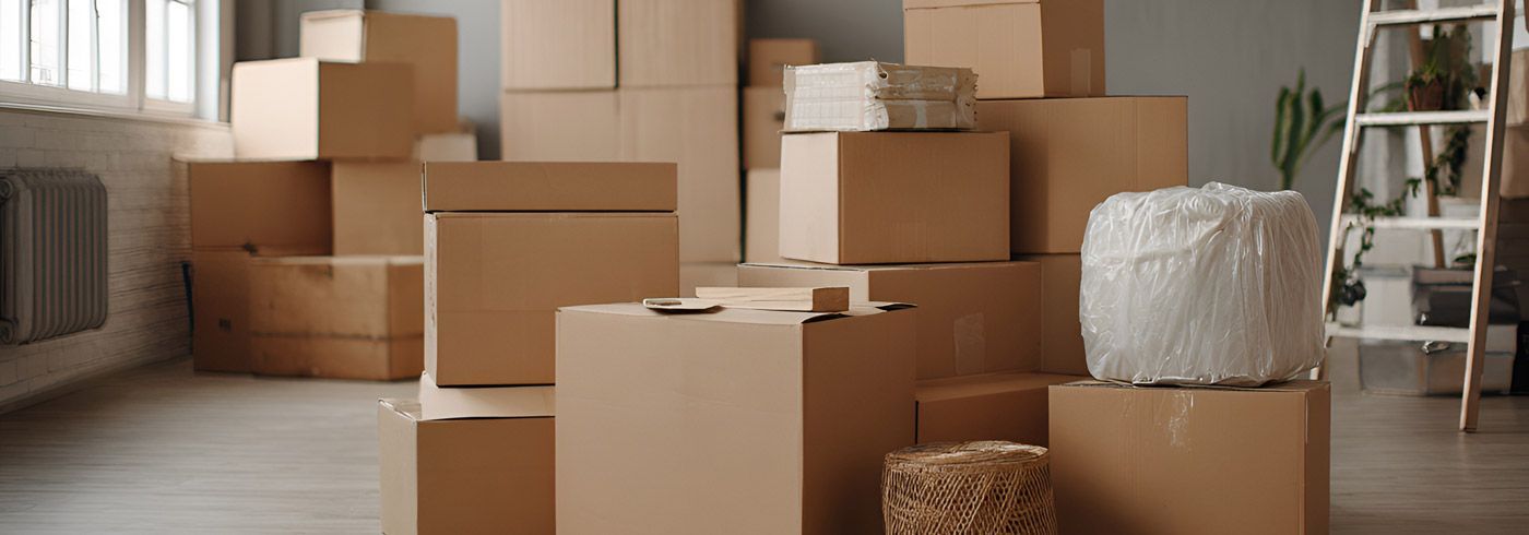 Cardboard moving boxes stacked in a living room beside a ladder and houseplant