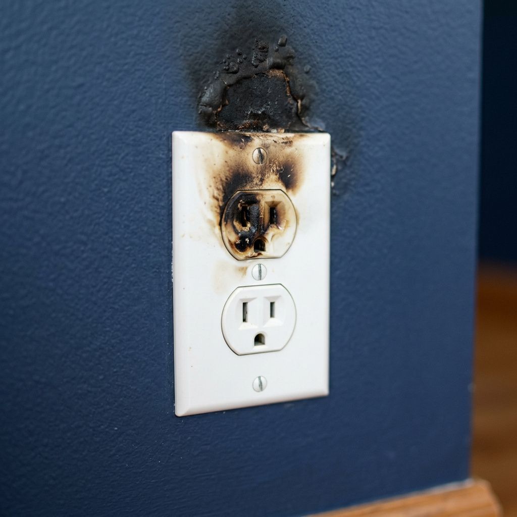 Charred wall outlet on blue wall with burn marks above it