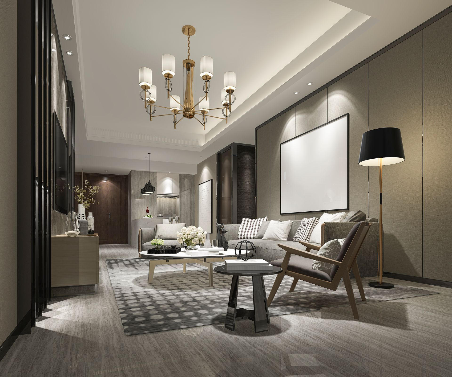 Elegant modern living room with chandelier, neutral tones, sofa, armchairs, and patterned rug
