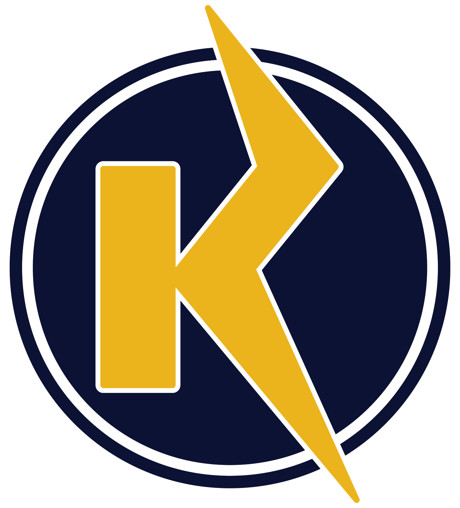 Gold K lightning bolt logo on a dark blue circle with white border