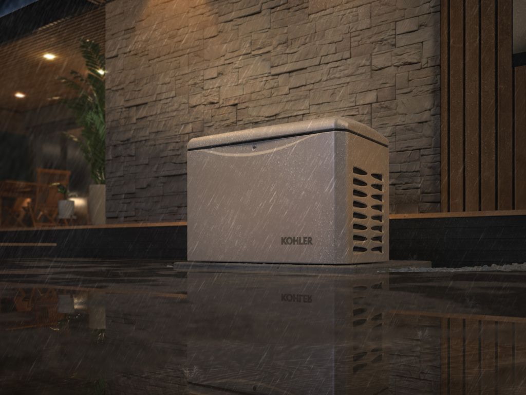 White electric generator on a reflective floor against a dark brick wall in a cozy indoor space