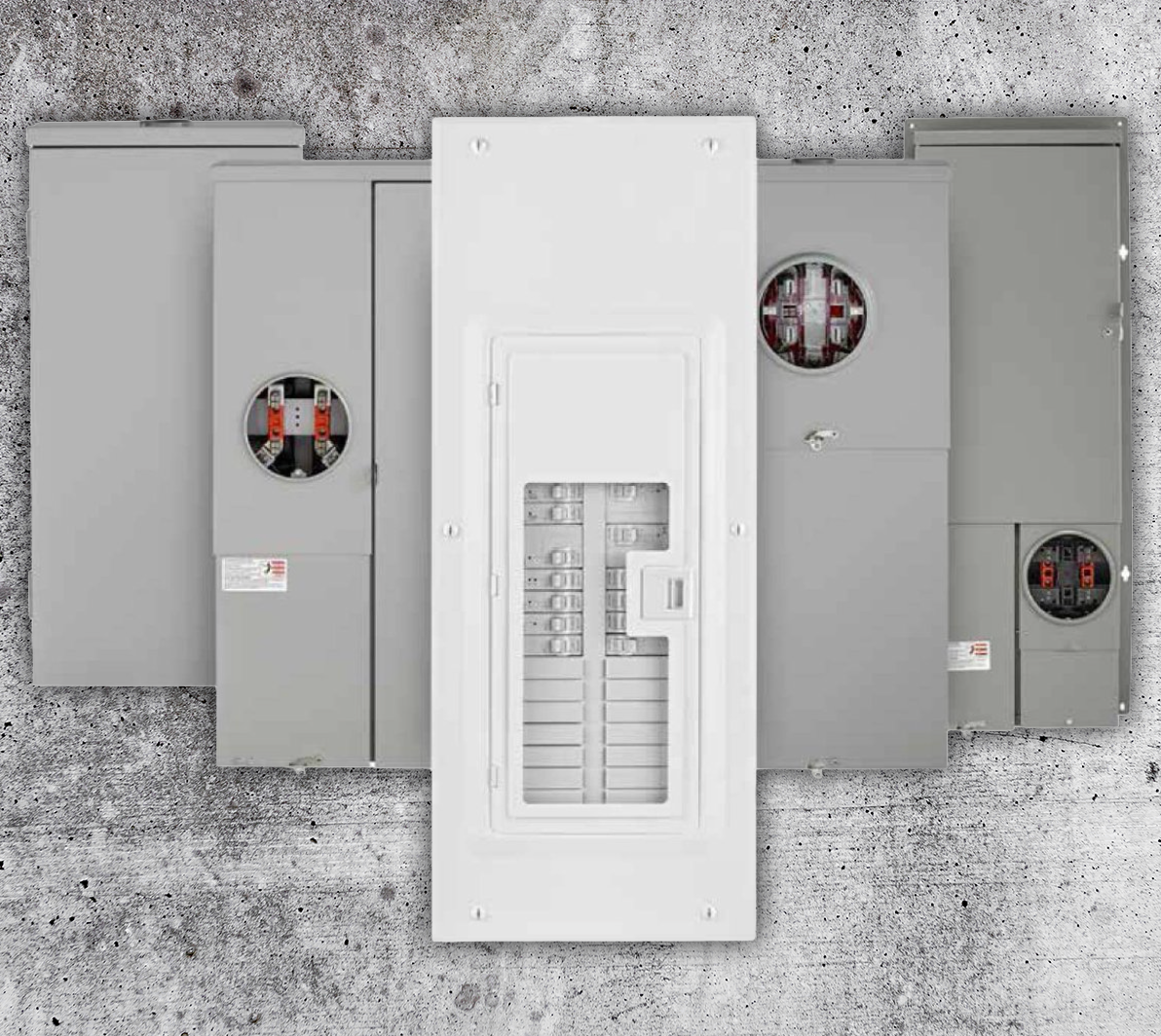 Three electrical panels on a concrete wall, with a white breaker panel centered in front.