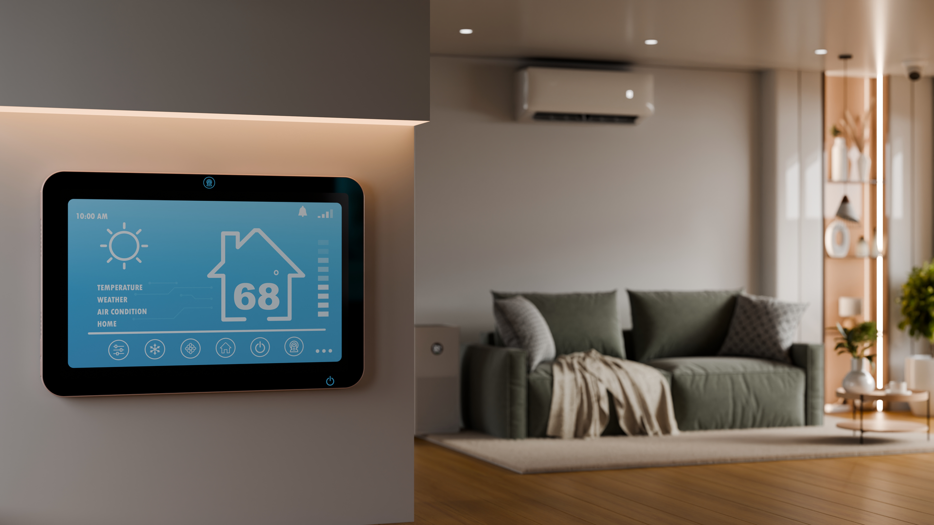 Smart home thermostat display beside a cozy living room with a sofa and warm lighting