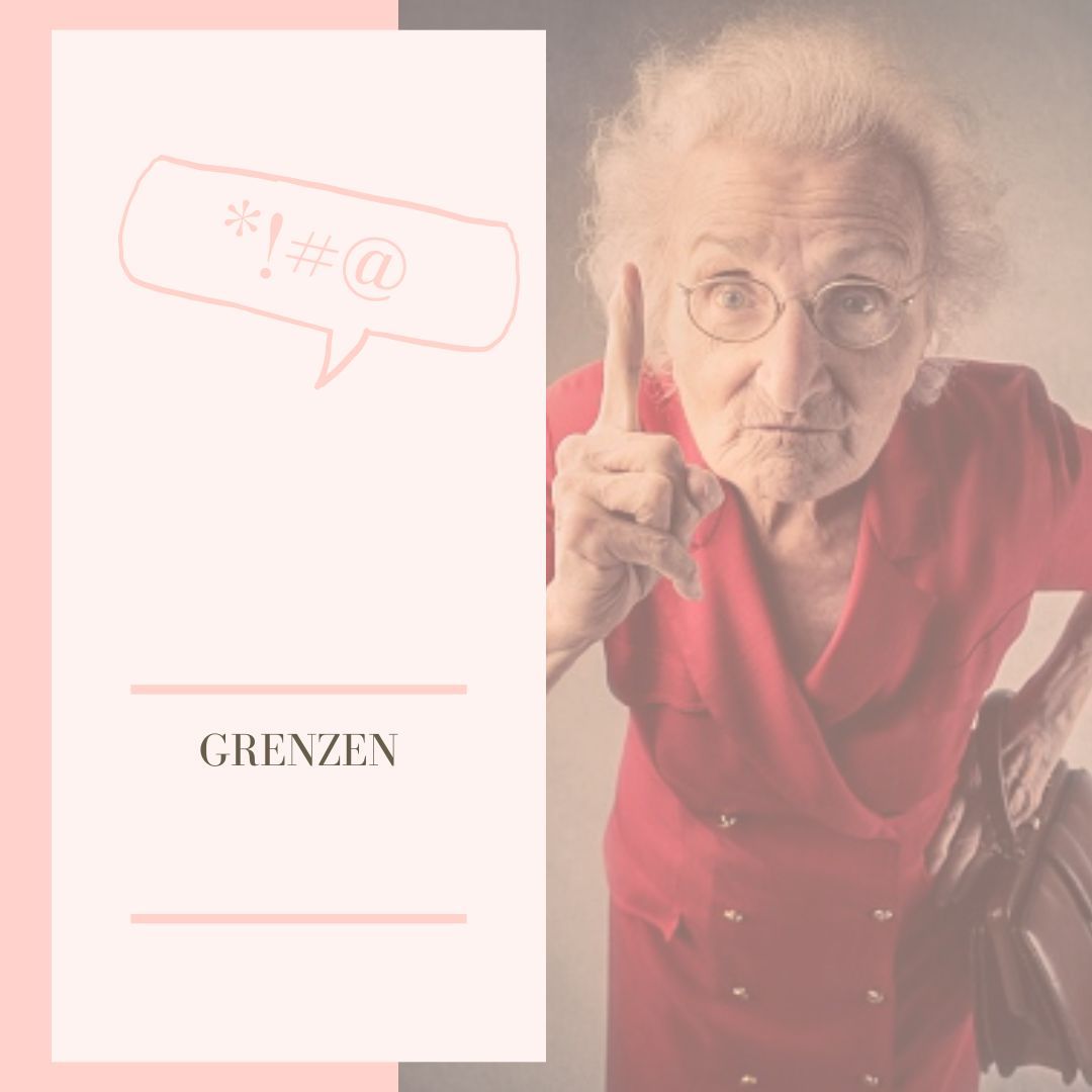 Oudere vrouw in rood pak wijst met vinger, tekstballon met symbolen. Tekst: 