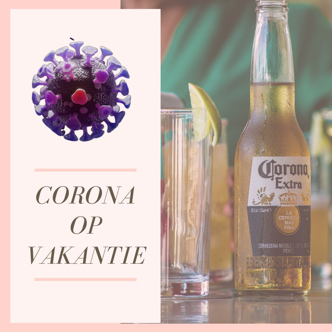 Een bierfles en een glas, met een COVID-19-illustratie en de tekst