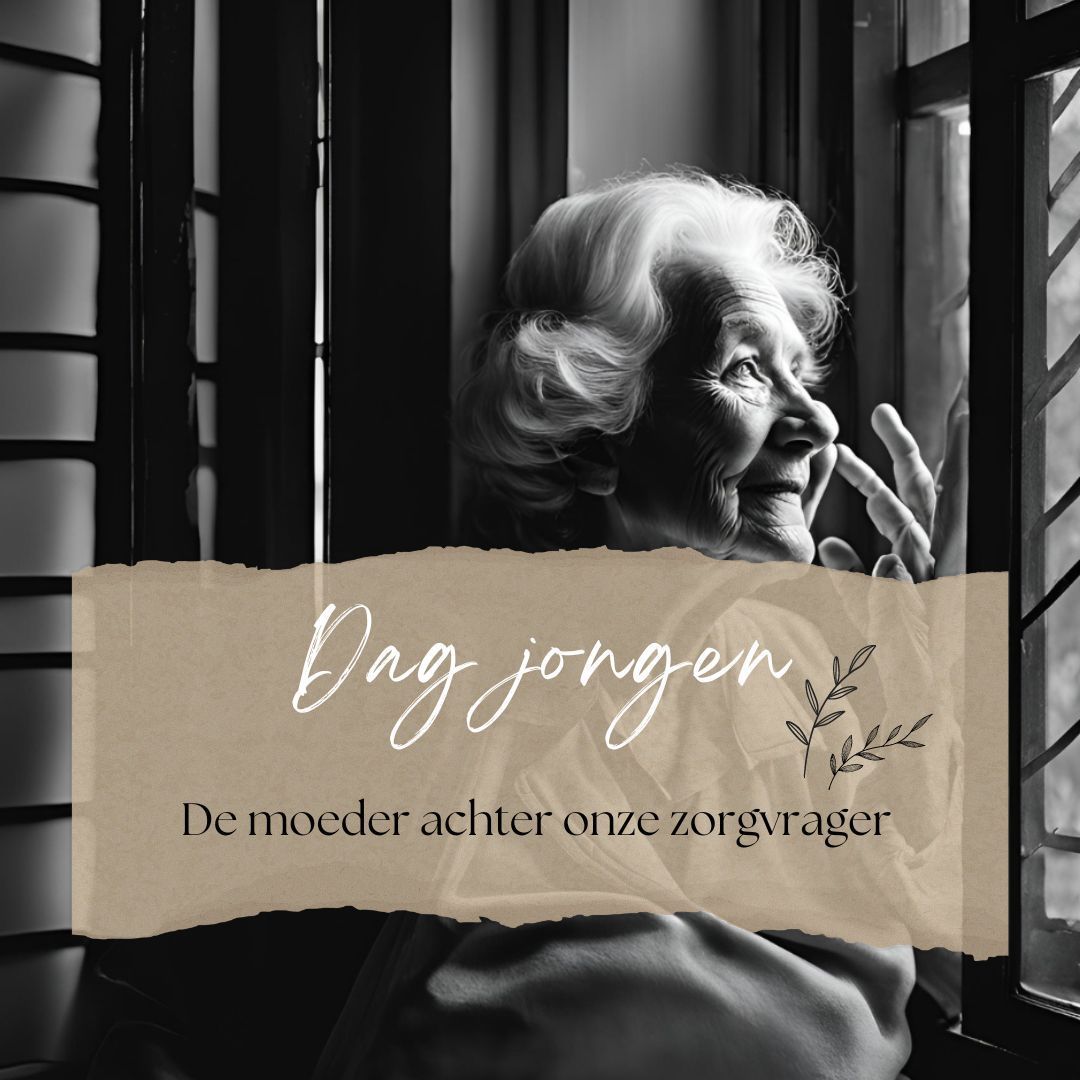 Black and white photo of an elderly woman looking out a window. Text on a banner says 