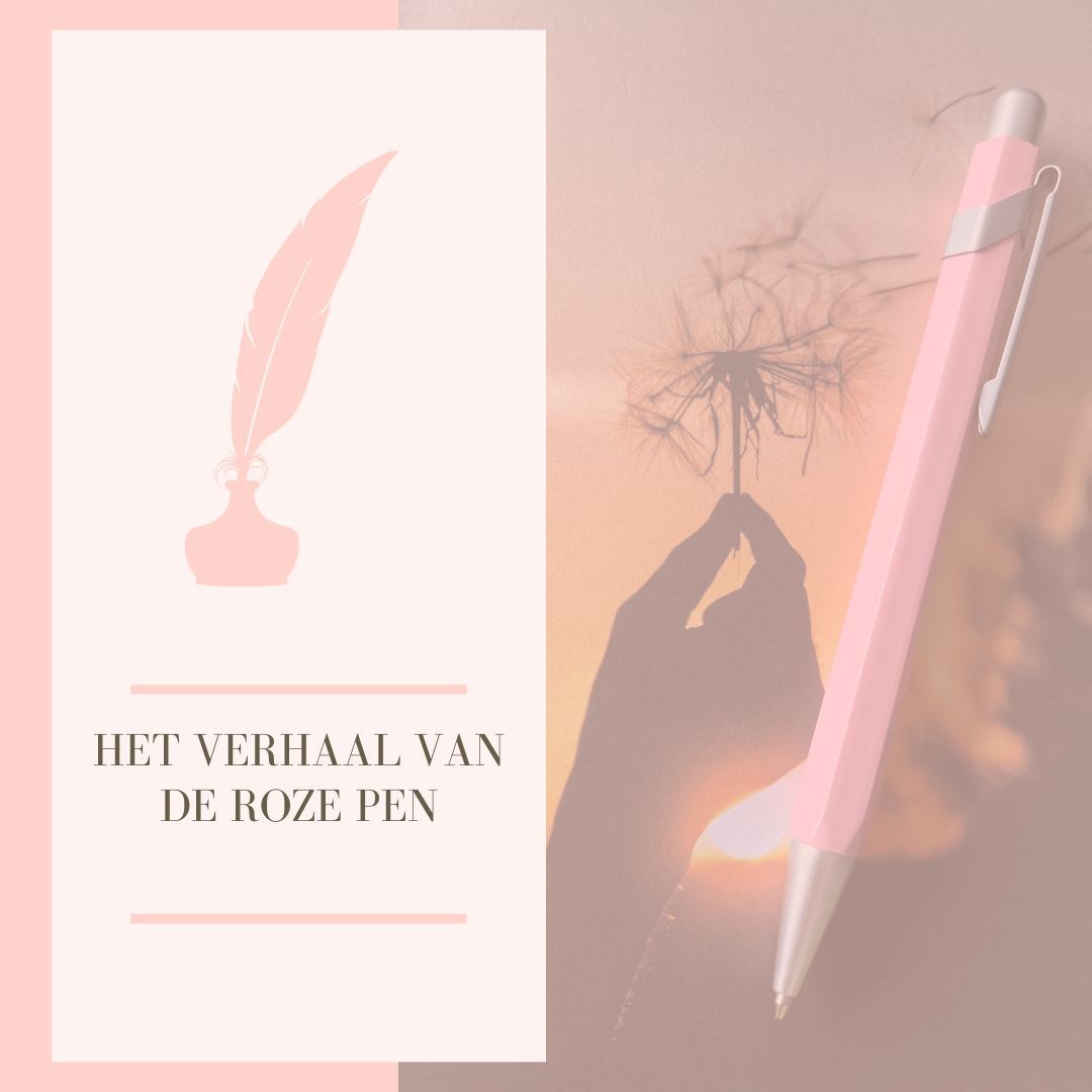 Pink pen and feather inkwell, with title 