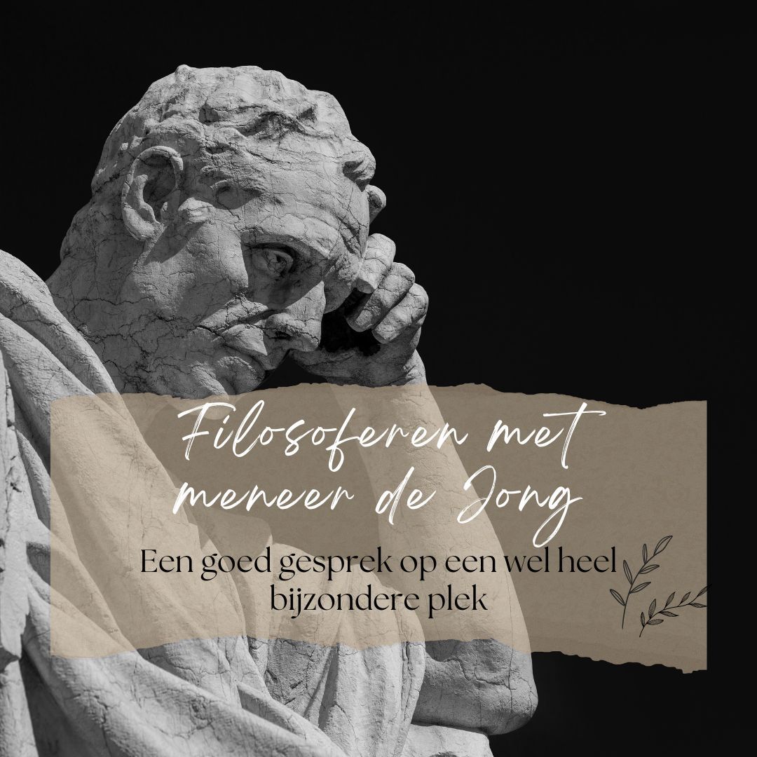 Statue of a man pondering, with text 
