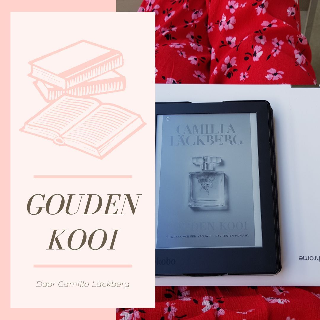 Roze afbeelding met boeken en tekst. Een e-reader met het boek 
