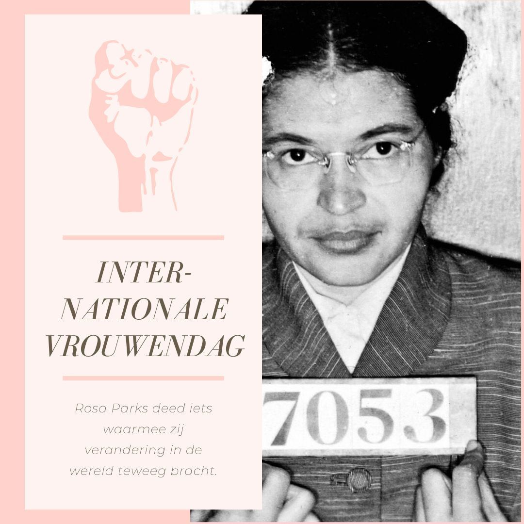 Rosa Parks met een politiefotonummer, Internationale Vrouwendag met een geheven vuist in het roze.
