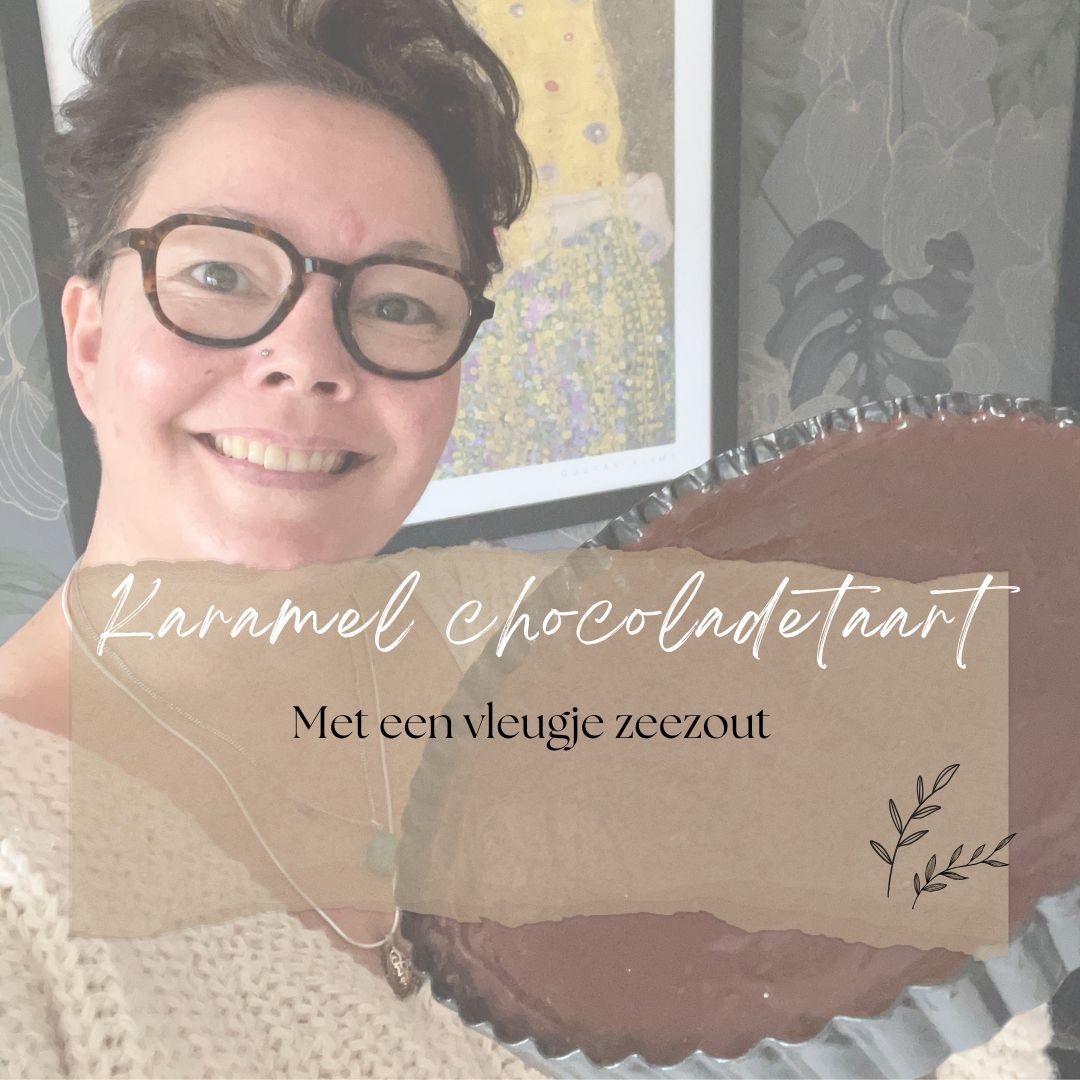 Woman holding chocolate cake, smiling; text says 