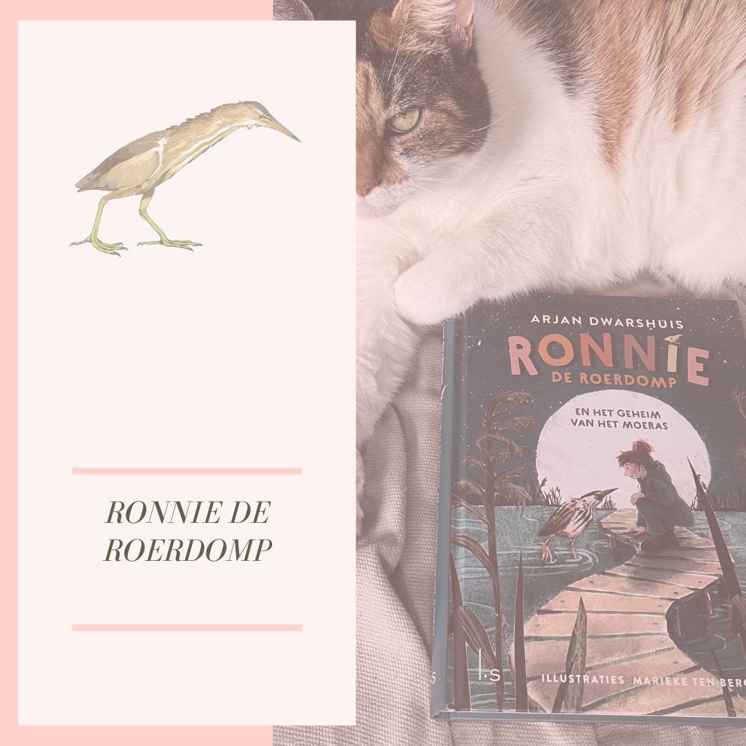 Aquarel van een vogel en een kat met een boek getiteld 