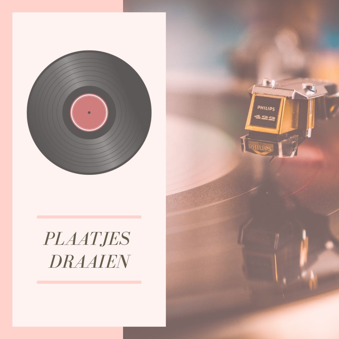 A vinyl record illustration and record player with the text 