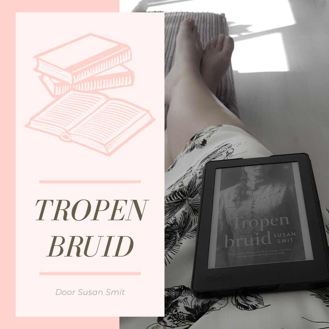 Persoon leest een boek op een e-reader, met een stapel boeken en de titel 