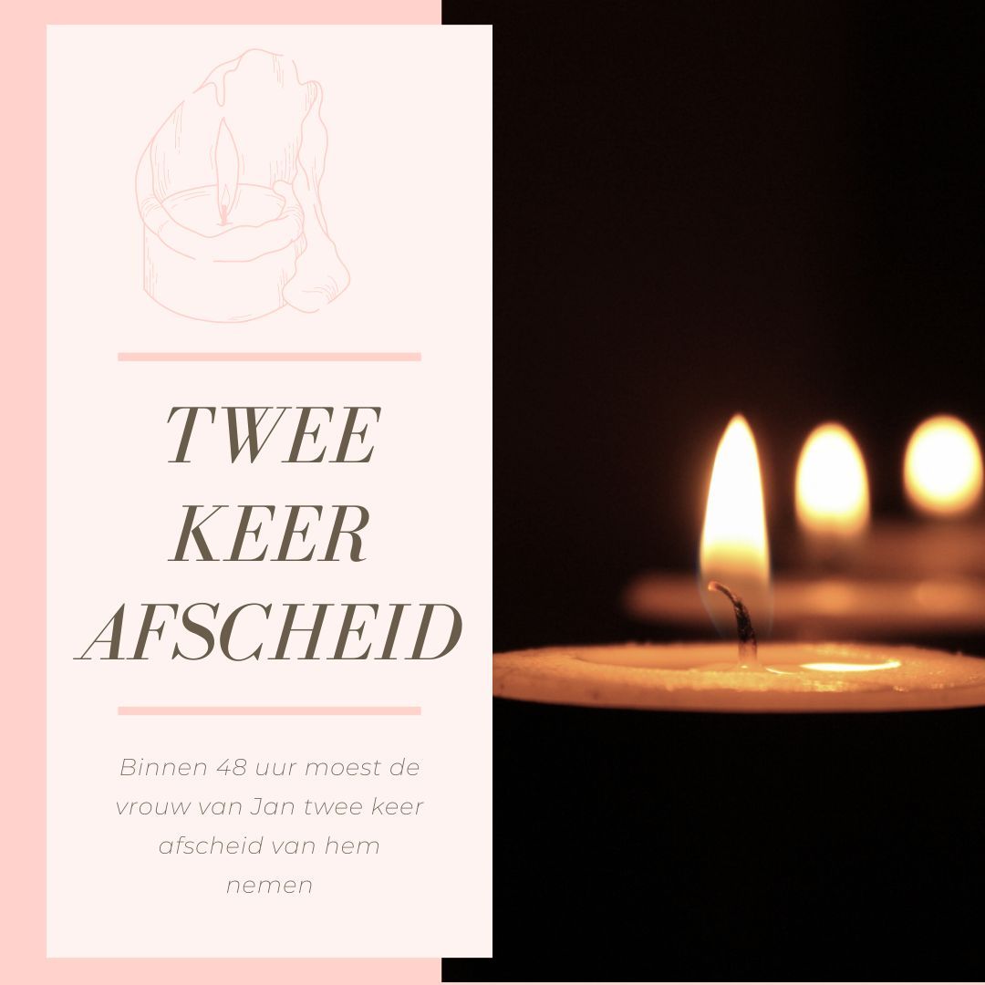 Twee brandende kaarsen op een donkere achtergrond, tekst: 