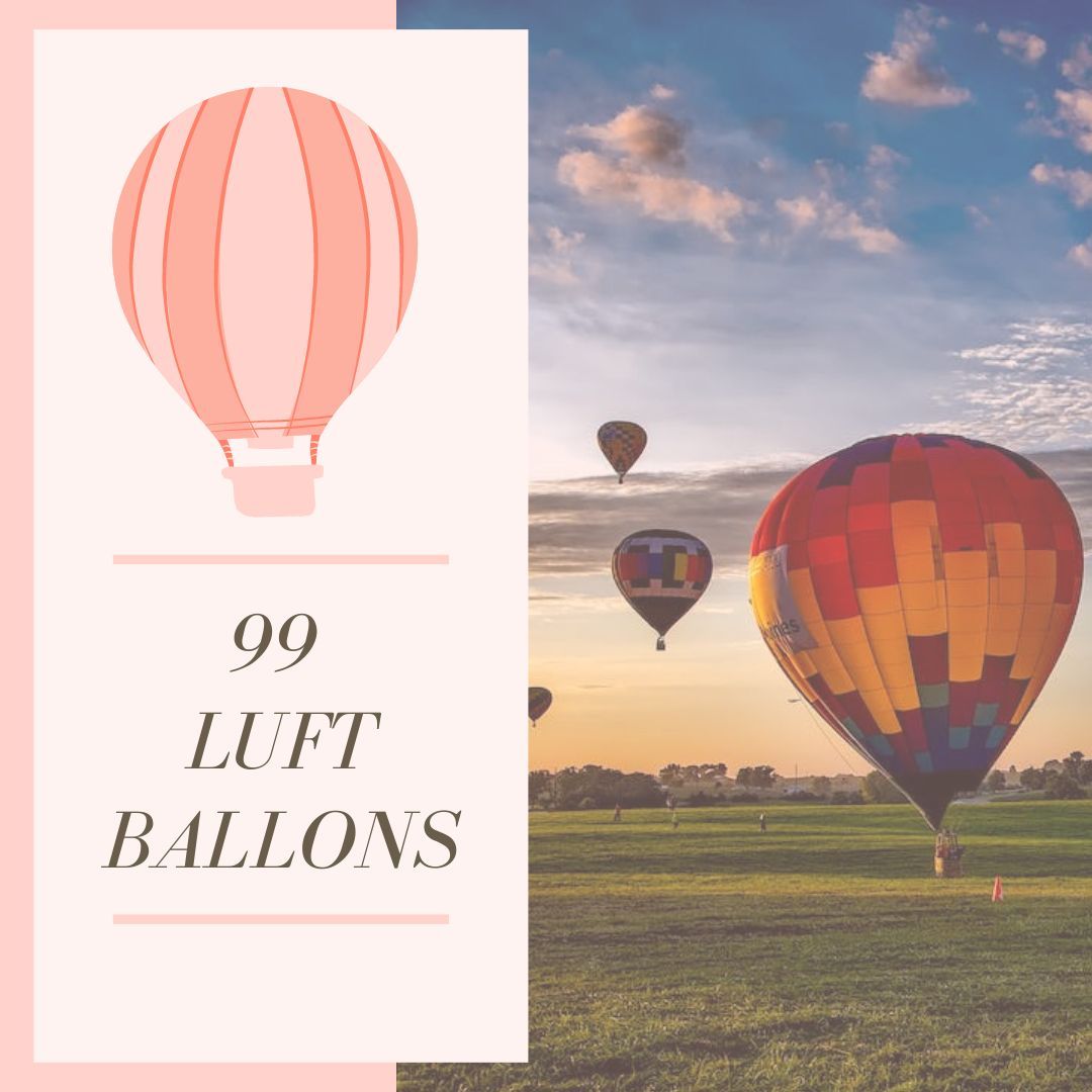 Een afbeelding van een roze heteluchtballon naast een foto van heteluchtballonnen boven een veld bij zonsopgang; titel 
