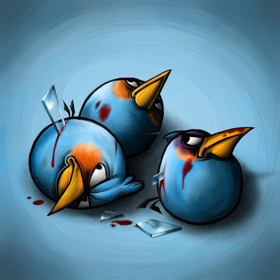 Drie blauwe Twittervogels met verwondingen, bloed en gebroken glas op een blauwe achtergrond.