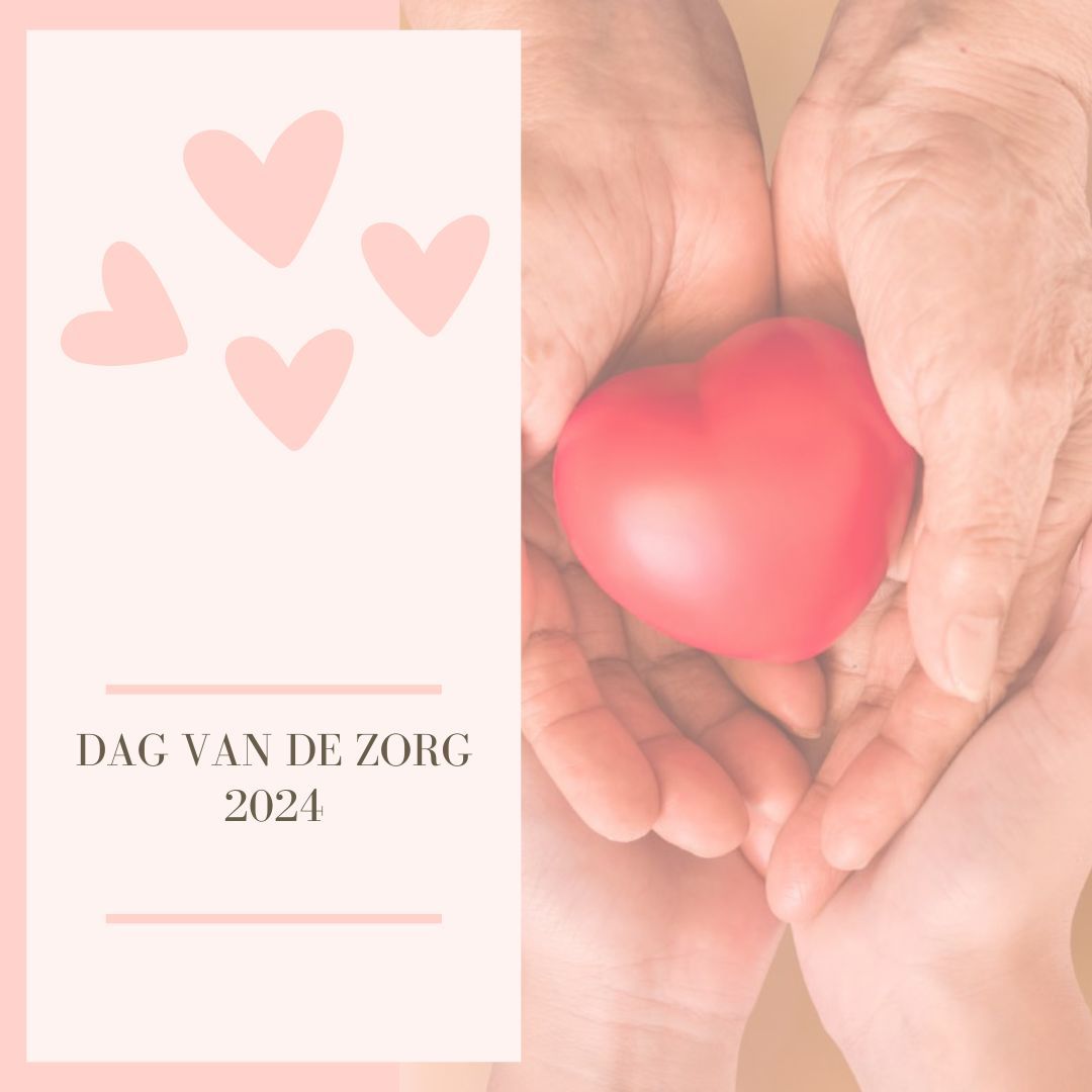 Handen met een rood hart. Lichtroze achtergrond met zwevende hartjes en de tekst: 