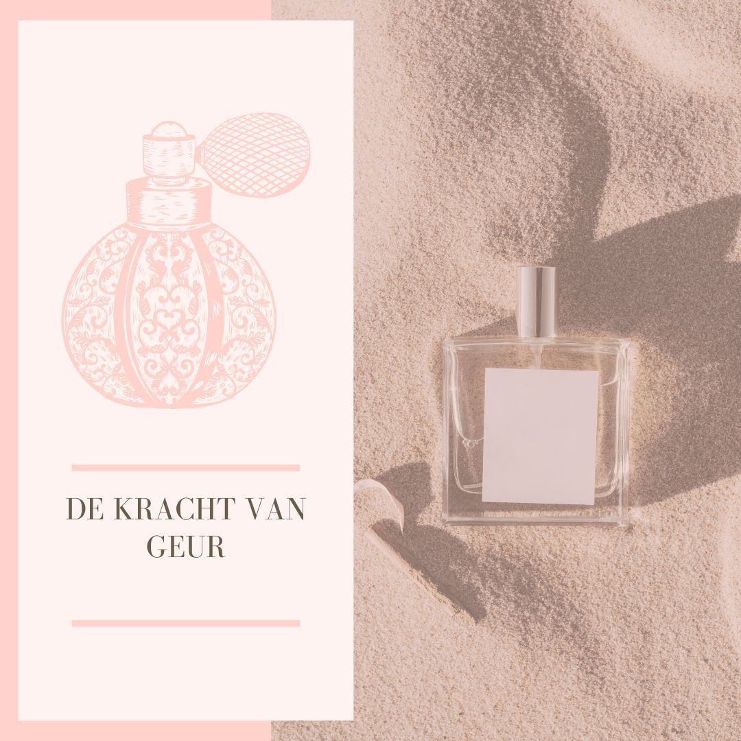 Parfumflesje op zand; illustratie van parfumflesje links met tekst 