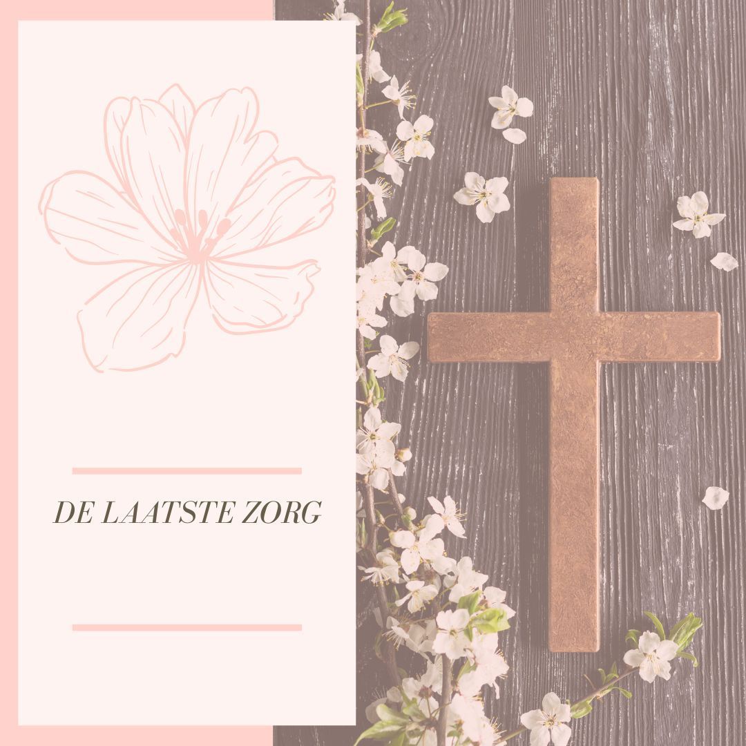 Roze en witte bloemen herdenkingskaart met een houten kruis en bloemen. De tekst 