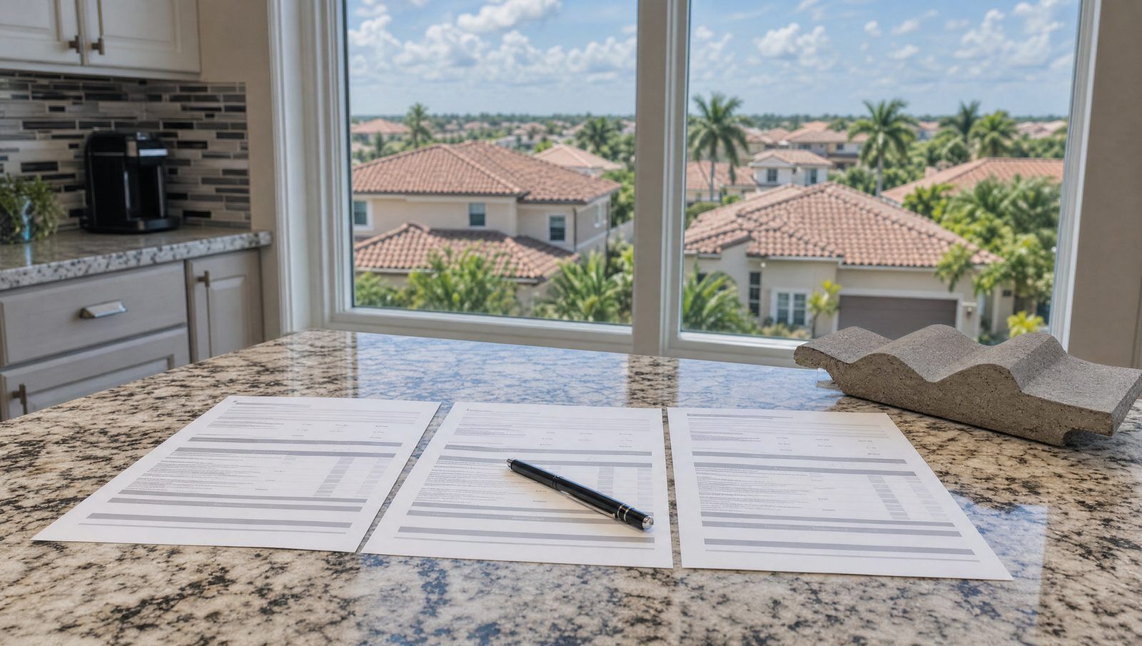Three printed roofing estimates and a concrete roof tile sample on a kitchen island