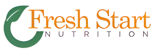 Logo for Fresh Start Nutrition: Green leaf in a crescent shape with orange text "Fresh Start Nutrition."