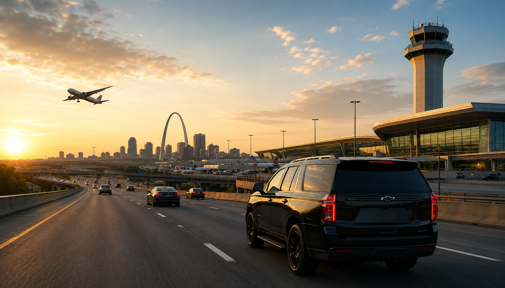Luxury black SUV traveling to St. Louis Lambert Airport