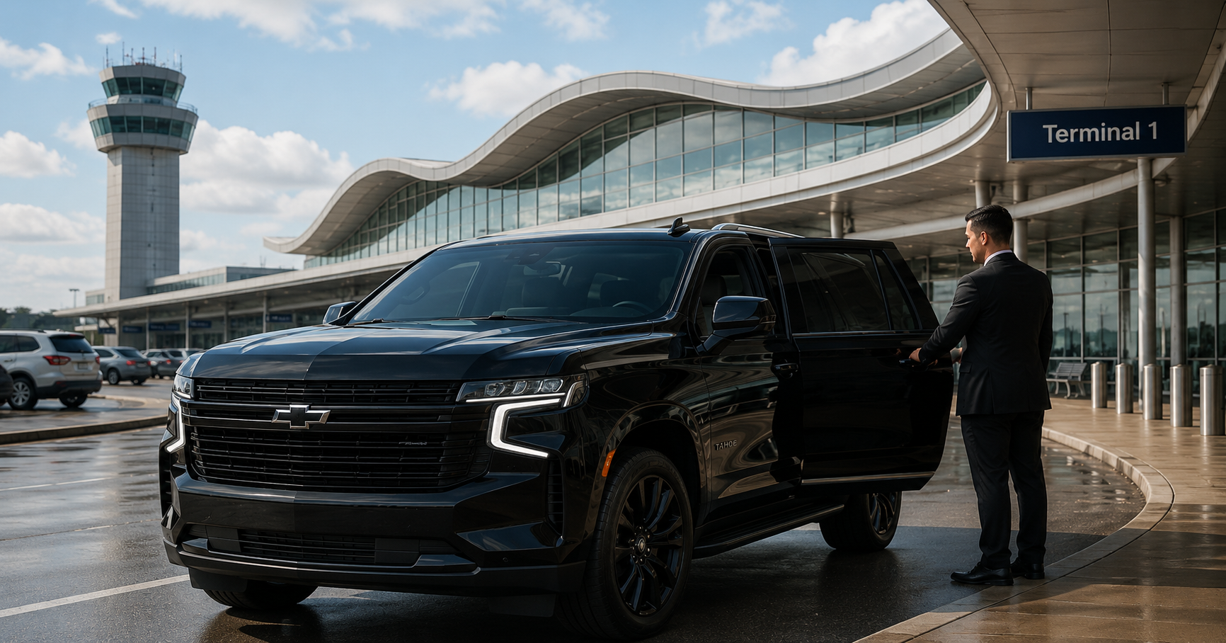 Chauffeur greeting client beside black SUV at STL airport terminal