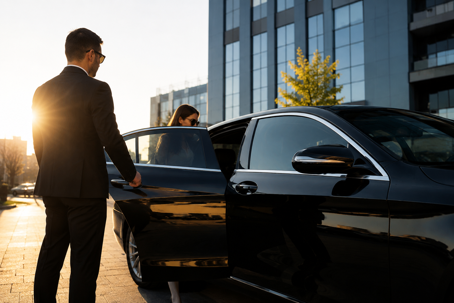 Professional chauffeur assisting passenger with executive SUV in Ellisville, MO
