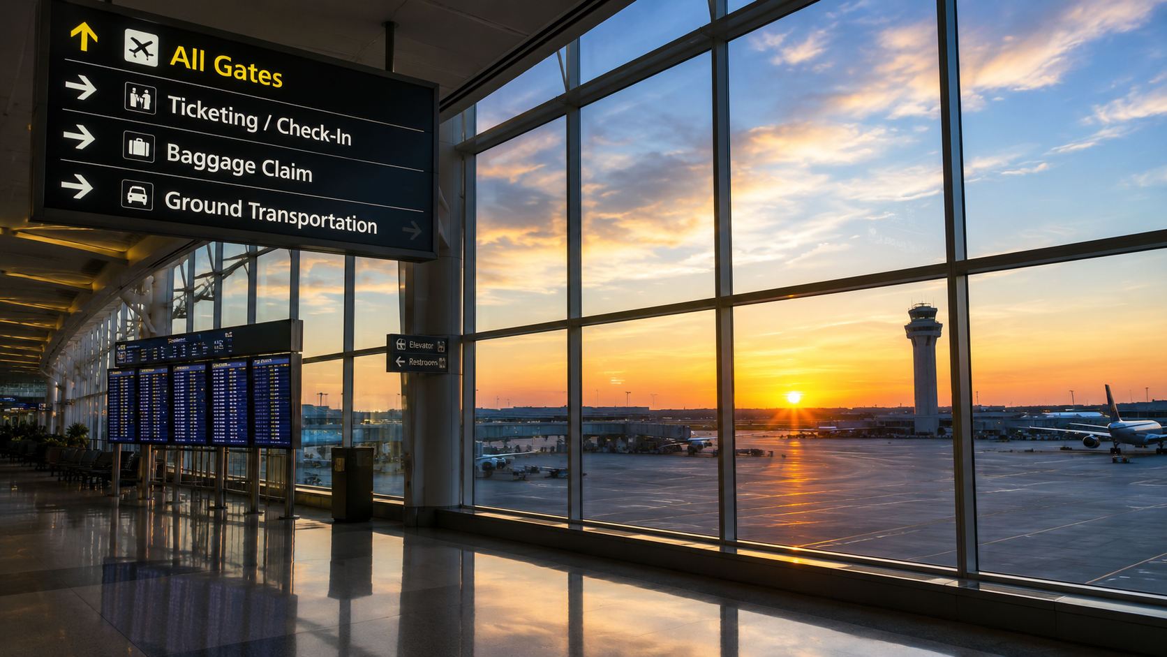 Airport departure terminal at sunrise with tarmac and control tower view
