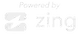 A white logo that says `` powered by zing '' on a white background.