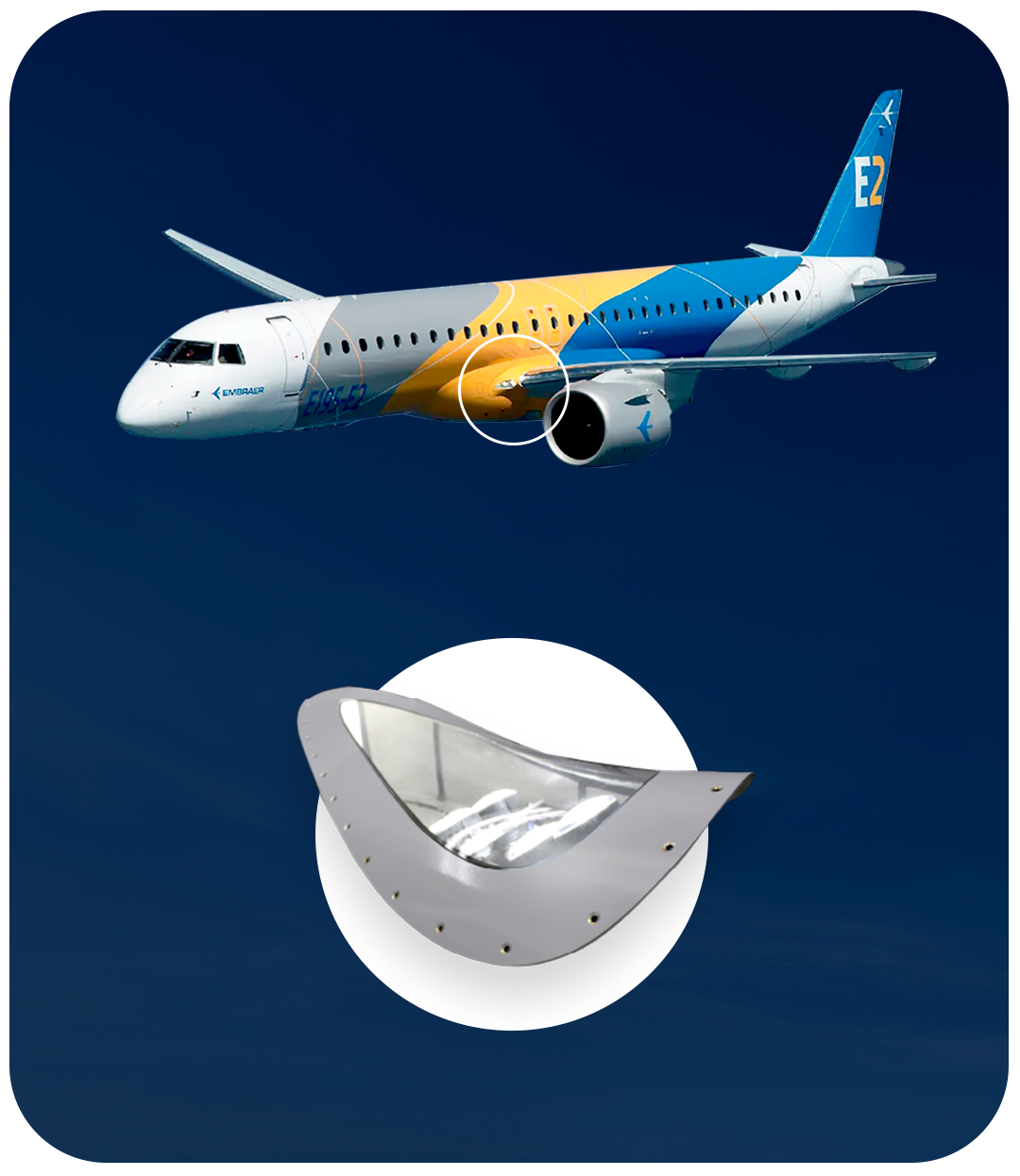Avião comercial azul e branco com um pequeno diagrama de assentos cinza abaixo, sobre um fundo azul escuro.