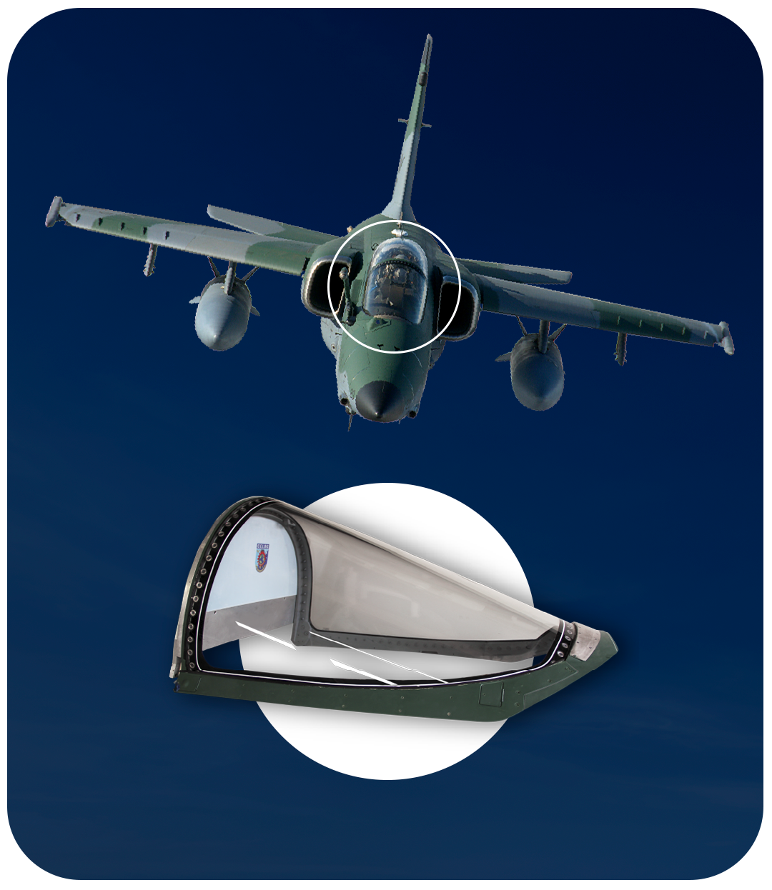 Jato de combate cinza com assento na cabine de pilotagem, mostrado abaixo sobre um fundo azul.