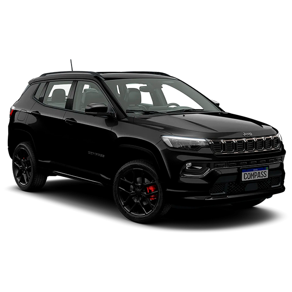 SUV compacto preto sobre fundo branco, mostrado em vista frontal de três quartos com pinças de freio vermelhas.