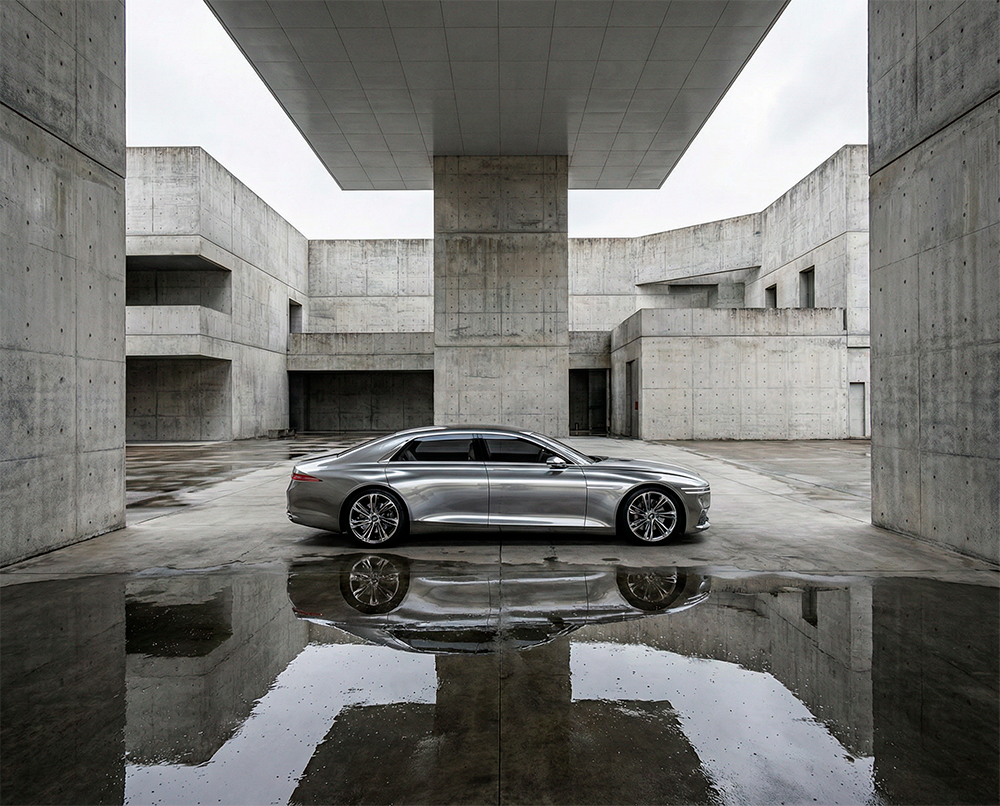 Carro esportivo prateado estacionado em um pátio de concreto com reflexos em uma poça d'água.