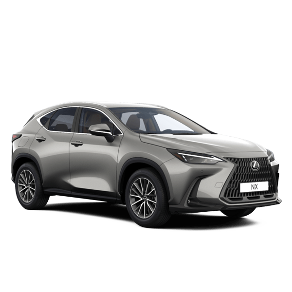 SUV Lexus NX cinza sobre fundo branco, vista frontal em três quartos.