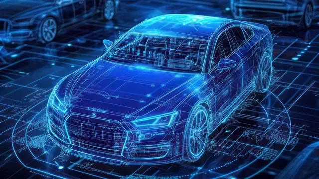 Projeto holográfico azul de um carro sobre um fundo digital com estilo de circuito.