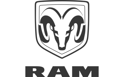 Logotipo da Ram com um emblema de cabeça de carneiro preta acima da palavra